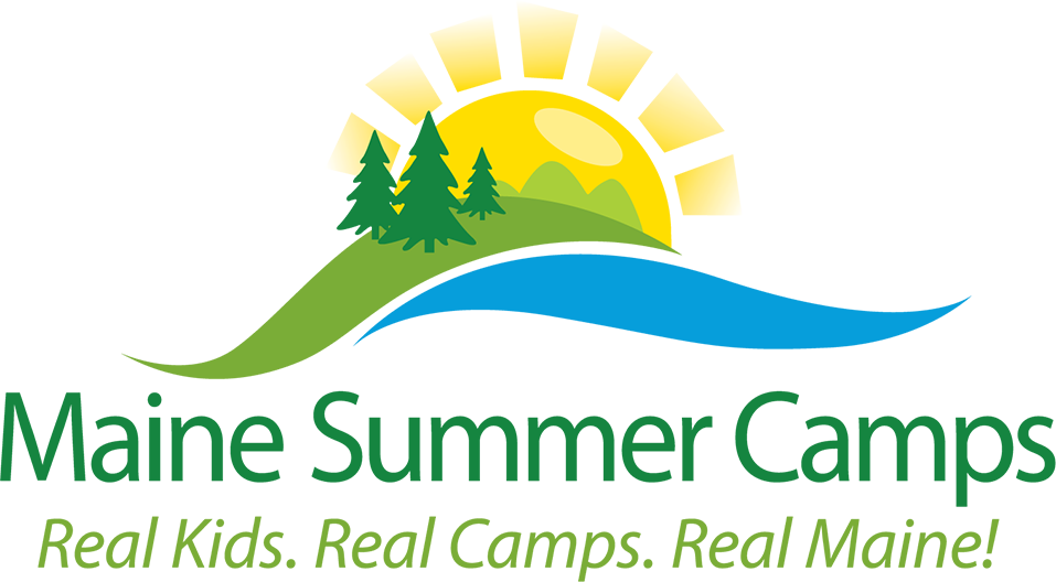 Green, blue and yellow sunshine and waves graphic representing the Maine Summer Camps logo.