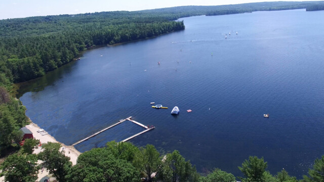 Drone shot of the lake and Kingsley Pines' waterfront